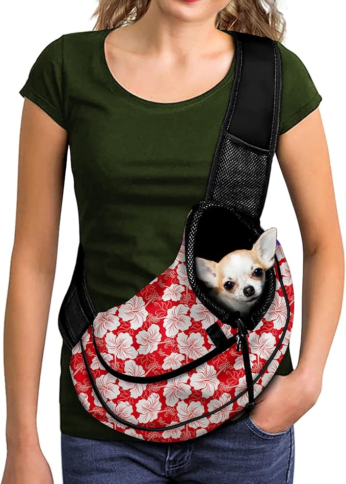 FUSURIRE Hibiscus Flower Front Sling Puppy Carrier, Hawaii Style Travel Pet Carrier Bag for Small Dog Cats Outdoor Hands Free Pet Carrier Backpack with Adjustable Strap, Red