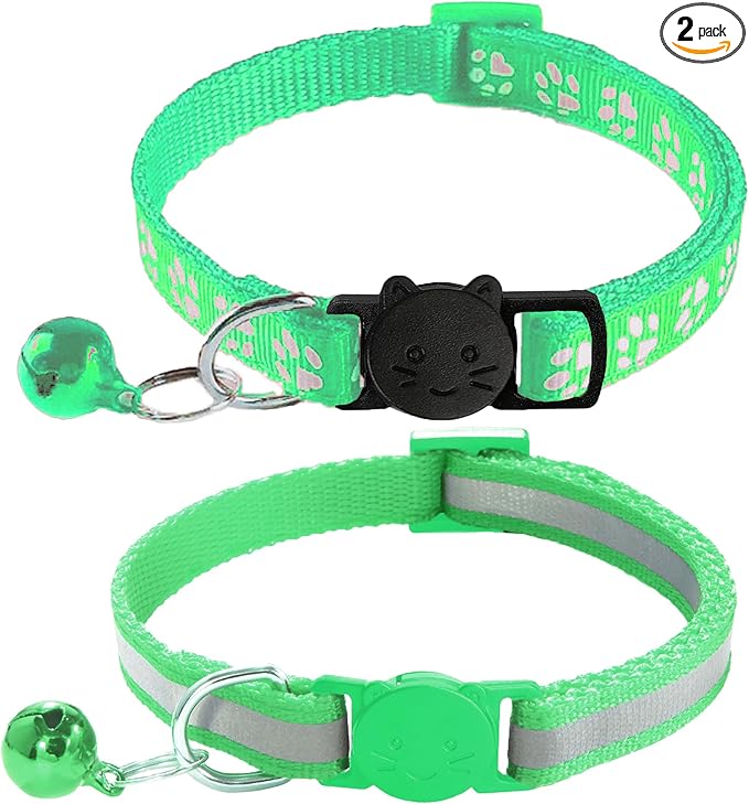 2 Pack Cat Collars - Reflective, Breakaway Design with Bells, Adjustable from 7.5 to 12.5 Inches, Ideal Kitten Collar for Both Girls & Boys (Light Green)