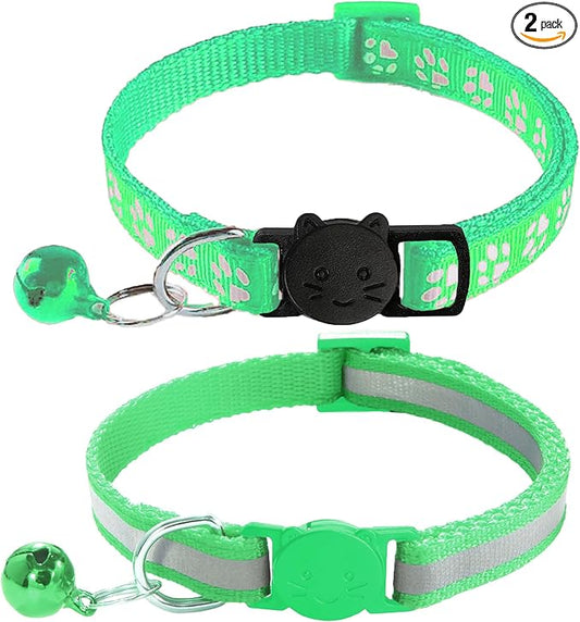 2 Pack Cat Collars - Reflective, Breakaway Design with Bells, Adjustable from 7.5 to 12.5 Inches, Ideal Kitten Collar for Both Girls & Boys (Light Green)