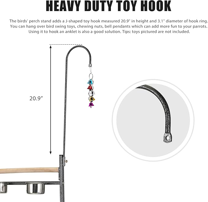 72" Parrot Stand Large Bird Playstand, Wood Perch with Easy Grip Pet Products,Stainless Steel Tray Bowls Toy Hook Rolling Wheel, Wrought Iron Bird Play Ground Rolling Stand