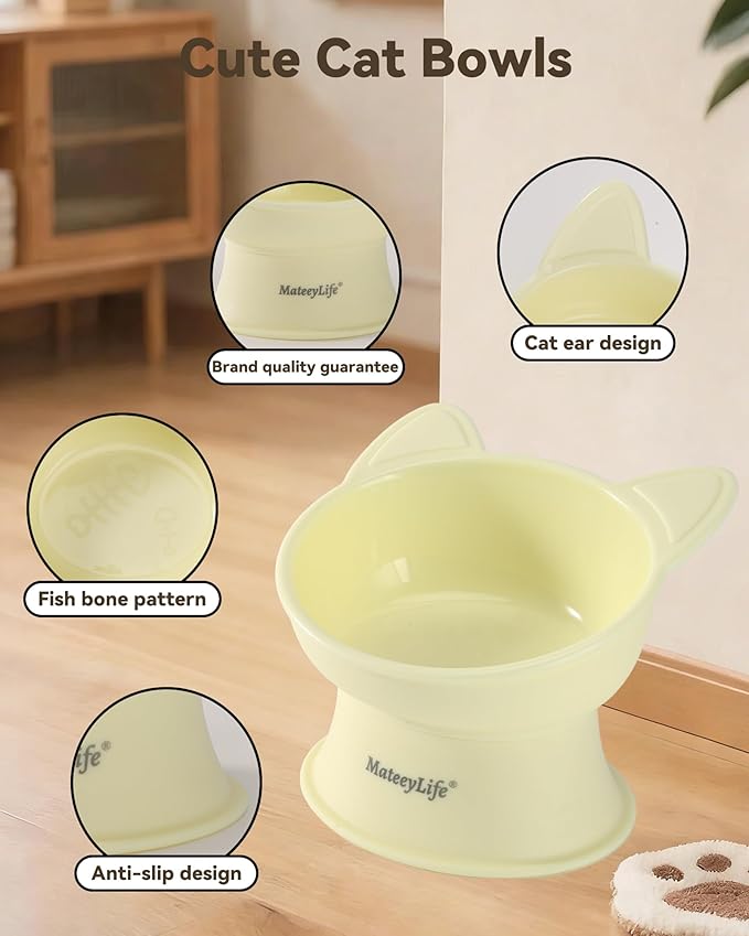 MateeyLife Raised Cat Bowls, Cat Food Bowl Elevated for Kittens & Small Dogs, 15°Tilted Protect Pets' Neck and Anti Vomiting, Whisker Friendly Food & Water Feeding Bowl, 6 oz Each - Yellow
