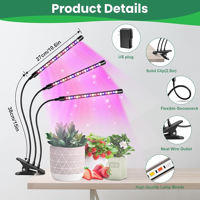 LED Grow Light, 2PCS 3 Heads Full Spectrum Plant Light with Clip | 6000K Plant Light, Timer 6/12/16Hrs, 3 Spectrums, 5 Dimmable Levels, Flexible Gooseneck