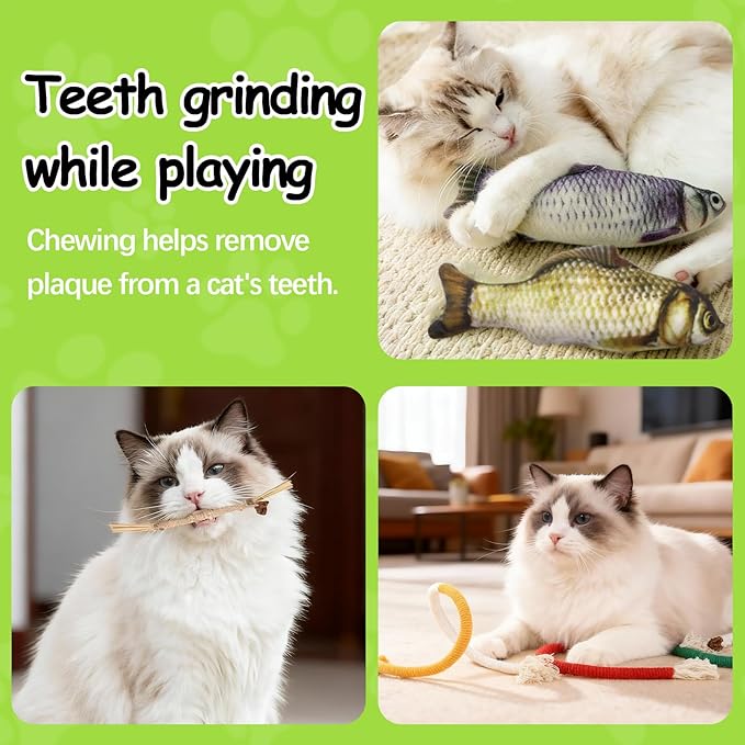Goosheep Cat Toys 6Pcs with Chew Rope & Silvervine Sticks & Floppy Fish for Indoor Cats, Natural Dental Care Interactive Cat Catnip Toys for Chewing, Teething, Biting and Kicking