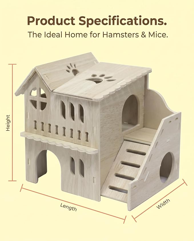 Large Hamster House & Gerbil Hideout – 8.5" Double-Decker Wooden Maze Hut w/Fun Slide | Multi-Level Gerbil House for Dwarf Hamsters, Mice, Rats & Small Animals ﻿