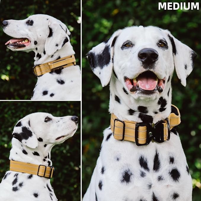 Tuff Pupper Tactical Dog Collar | Heavy Duty 1.5" Wide Ballistic Nylon | Training Control Handle | Quick-Release Metal Buckle | Reflective Bands | ID Tag Holder | Padded Inner Lining (Tan, Medium)