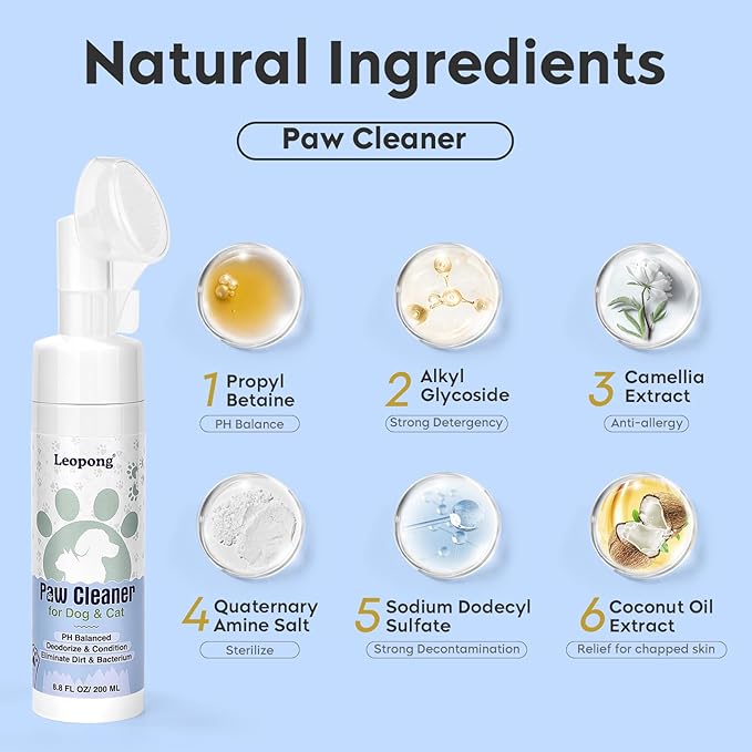 Leopong Dog Paw Cleaner & Cat Foot Wash - Gentle No-Rinse Foaming Mousse - PH Balanced Deodorizing Cleanser with Integrated Silicone Brush, 8.8 oz