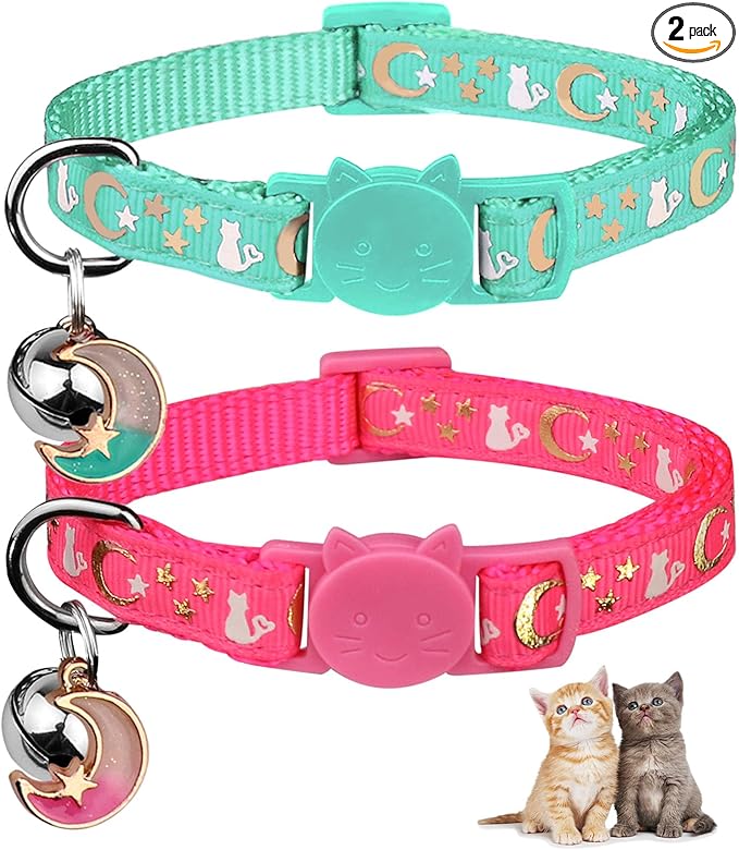 Baeuppit 2PCS Breakaway Cat Collars with Bell Moons Stars Cute Kitty Adjustable Safe Kitten Collars with Pendant Glow in The Dark(Pink&Teal)
