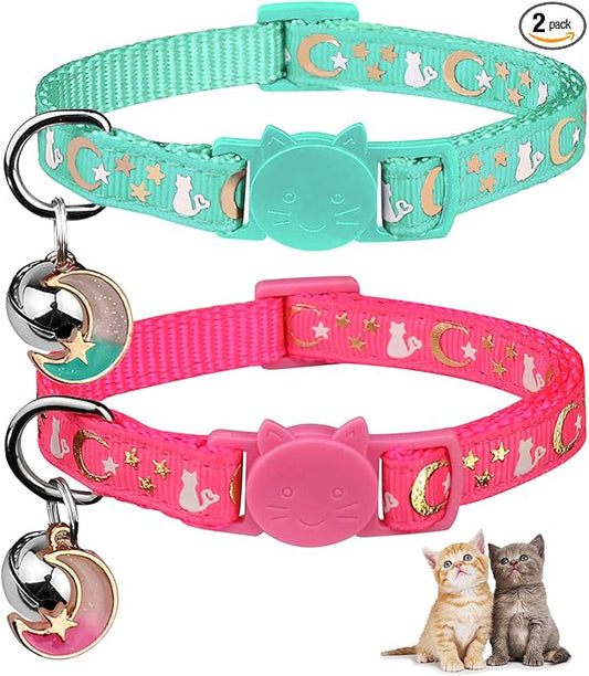 Baeuppit 2PCS Breakaway Cat Collars with Bell Moons Stars Cute Kitty Adjustable Safe Kitten Collars with Pendant Glow in The Dark(Pink&Teal)