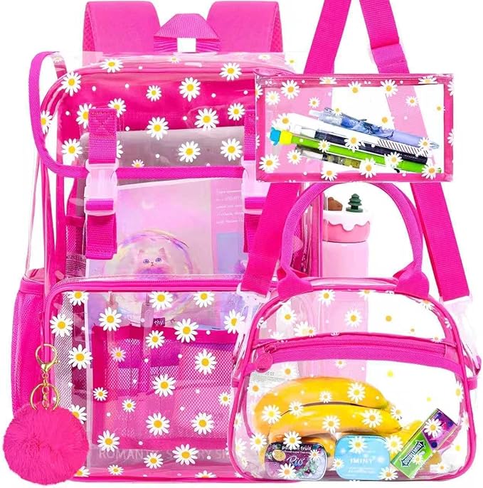 17" Daisy Clear Backpack for Girls - Flip Design Stadium Approved 3Pcs Set, Heavy Duty PVC Bookbag for Concert/School (Rose)