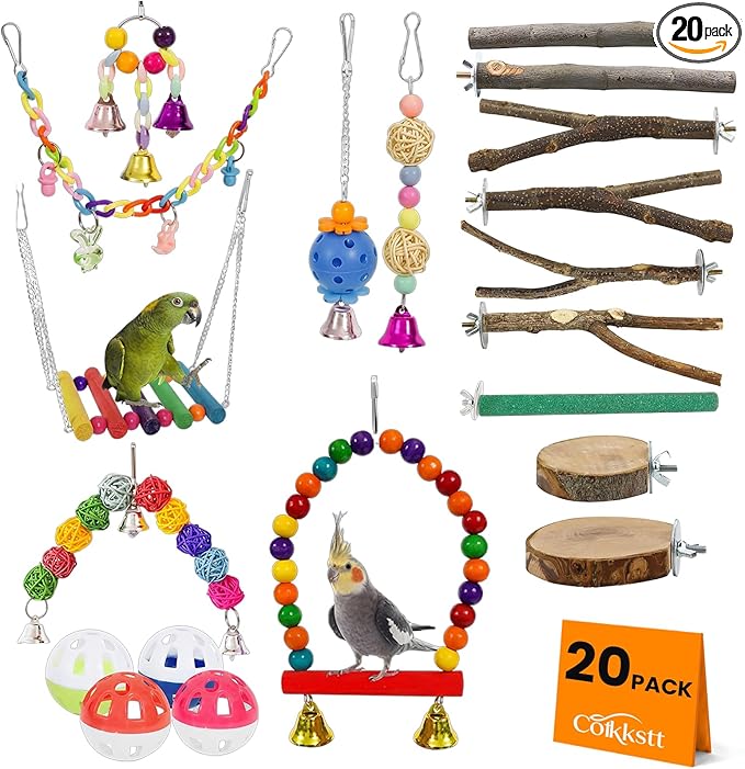 20 Pack Bird Toys for Cockatiels, Parakeet Toys for Cage, Natural Wood Parakeet Perches, Hanging Budgie Toys Swings and Parakeet perches, Essential Avian Playthings for Inside Cage