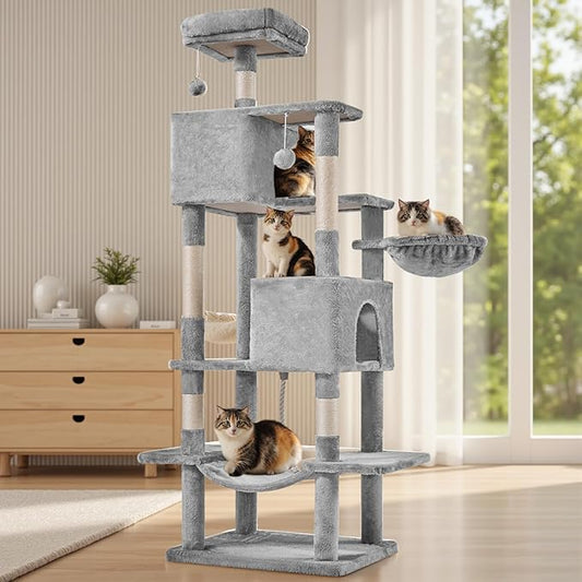 Sweetcrispy 66 Inch Cat Tree Tower, Multi Level Cat Climbing Tower with Natural Sisal Scratching Posts, Hammock, Pet Condo for Indoor Cats and Kittens Play, Grey