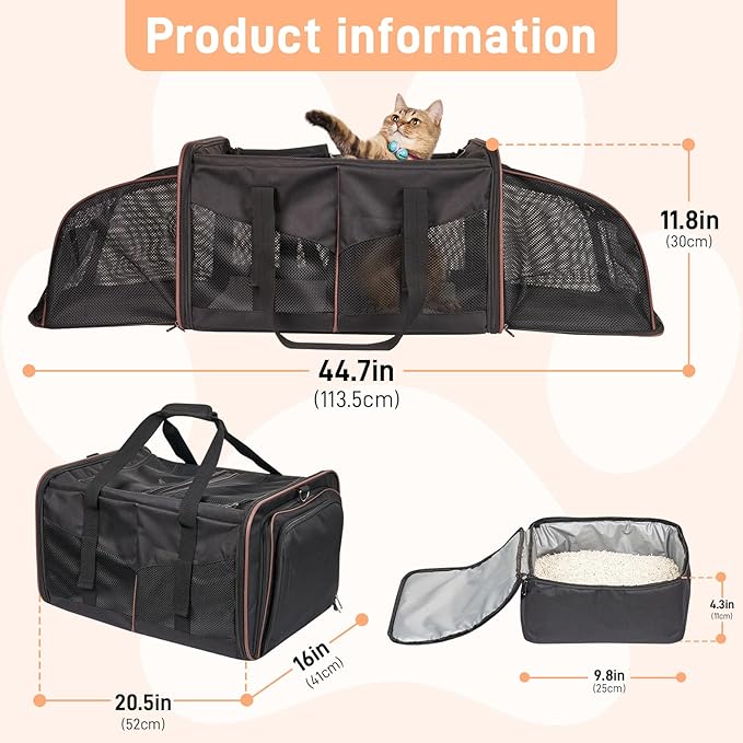 Large Cat Carrier for 2 Cats with 2 Litter Boxes, A.FATI Expandable Foldable Double Pet Carrier with Removable Divider, Breathable Mesh Oxford Cat Travel Crate for Car/Camping/Vet, Black