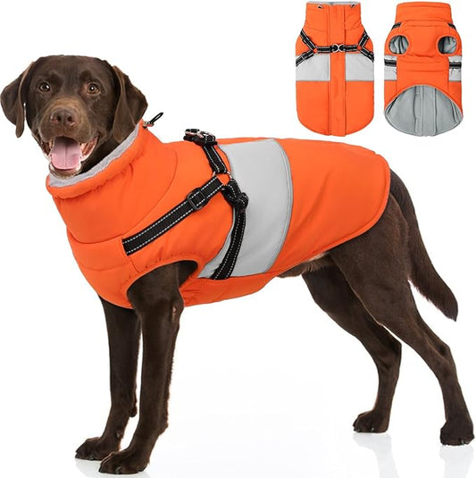 Dog Jacket, Large Dog Coat with Harness Built in, Warm Pet Winter Jacket Zippered Snow Coat with Furry Collar, Waterproof Fleece Snowsuit for French Bulldog, Orange L