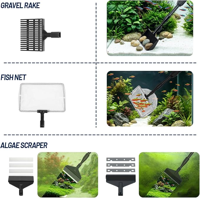 RUKANG Fish Tank Cleaner, 6 in 1 Aquarium Cleaning Tools Kit with 23~34 Inches Adjustable Long Handle Replaceable Blade Silicone Strip Algae Scraper Scrubber Brushes Set