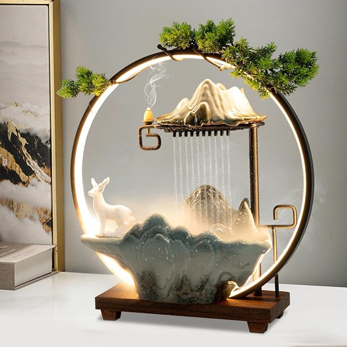 Indoor Fountain Rockery Tabletop Fountain with an Atomizer Elaxation | Water Feature Meditation Desktop Fountains for Home Office Decor or Giving 11.4' x 6'' x 3.7'' with LED Light