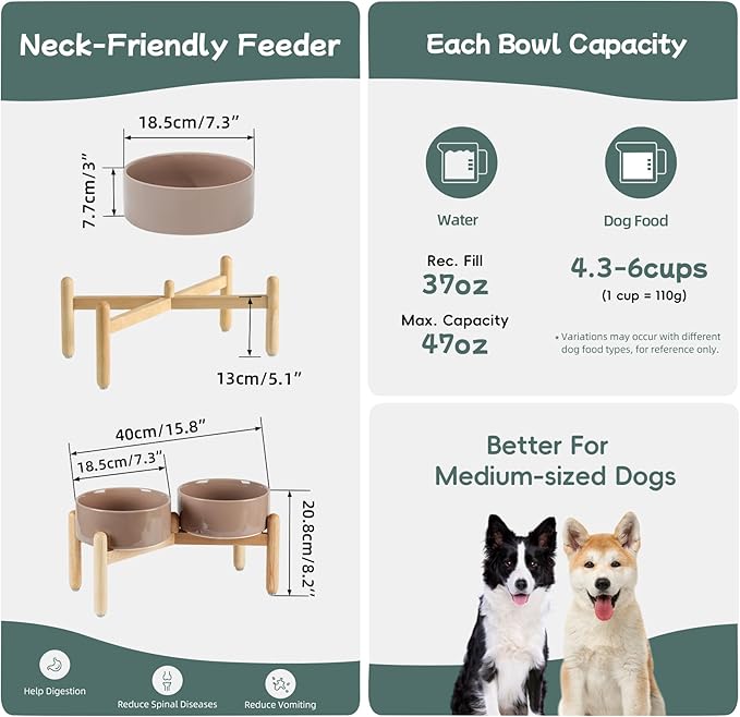 Havniva Ceramic 7.3inch Raised Double Bowls Set with Wooden Stand, Food & Water Bowls for Medium Breed Dogs, Weighted Dog Dishes, Pet Feeder(Brown Coffee)