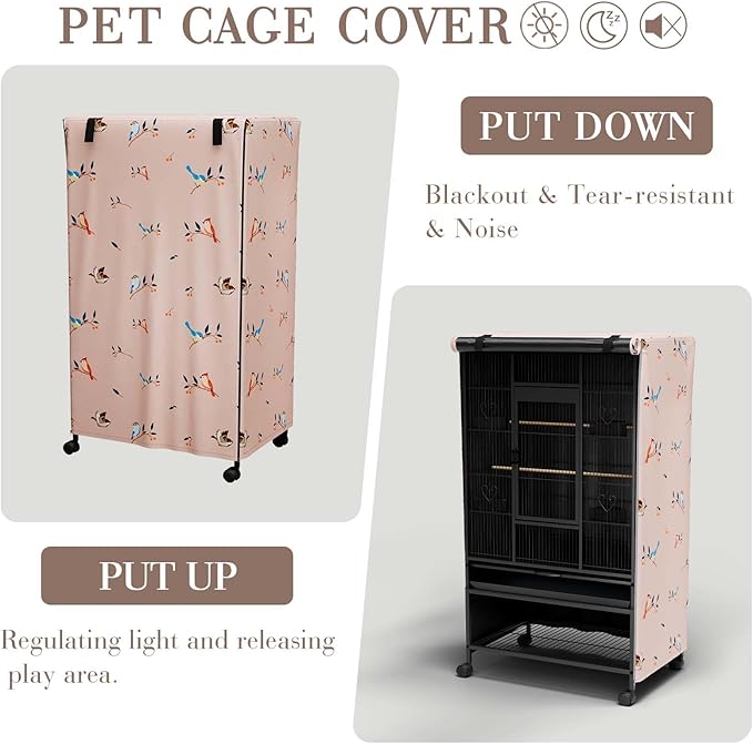 Tchvt Nighttime Bird Cage Covers with Zipper Panel Blackout Birdcage for Winter Universal Breathable Large Good Night Enclosure for Bird (Bird Designs, 38x24x48 inch)