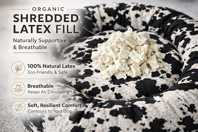 Round Dog Bed – Natural Canvas, Removable Washable Cover, Raw Cotton or Latex Fill, Hypoallergenic Non-Toxic, Made in USA (Cow Print Black White, X-Small, Firm Support – Raw Cotton)