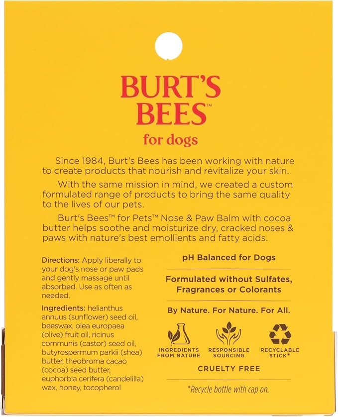 Burt's Bees for Pets Nose and Paw Balm with Beeswax & Cocoa Butter, 100% Natural Origin Dog Paw Pad Balm for Dry Cracked Paws & Noses, pH Balanced, Paraben & Sulfate Free, Made in the USA, 0.45 Oz