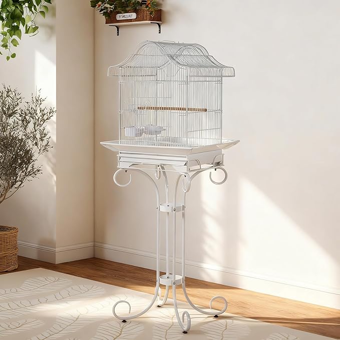 58" Vintage Scrolled Bird Cage - Heavy-Duty Metal with Rust-Resistant Coating, Parrot Cage with Slide-Out Tray, Stand, Perch & Bowls, Victorian Bird Aviary for Cockatiel, Parakeet, Finch & Lovebird