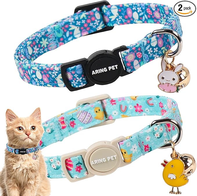 ARING PET 2 Pack Easter Dog Cat Collars, Cute Breakaway Kitten Small Easter Egg Rabbit Chick Collars with Bells for Girl Boy Cats-Blue & Mint Green