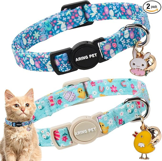 ARING PET 2 Pack Easter Dog Cat Collars, Cute Breakaway Kitten Small Easter Egg Rabbit Chick Collars with Bells for Girl Boy Cats-Blue & Mint Green