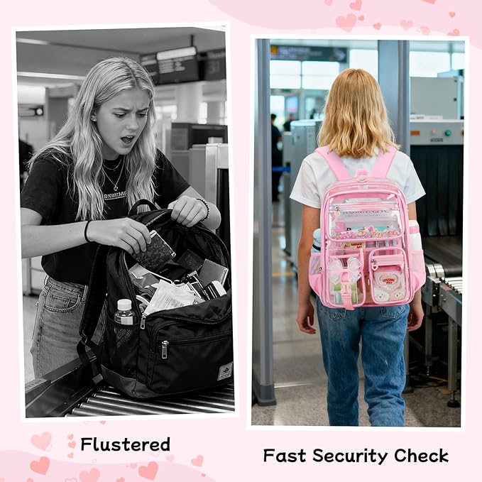MOONBABY Clear Backpack for Girls, Clear Bookbag Heavy Duty Transparent Backpack for Stadium Events, See Through Back Pack for Kindergarten Elementary Middle High School, Pink