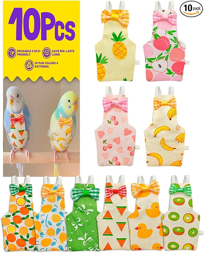 10Pcs Reusable Bird Diapers - Washable Parrot Nappy with Waterproof Lining & Adjustable Straps for Pigeons (Size S)