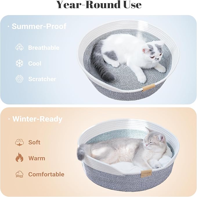 CHEERHOME PETS Cat Bed Basket with Cushion, Cotton Rope Woven Pet Bed for Indoor Cats Couch, Stimulicat Cat Bed Handwoven Breathable, All Season Universal (Grey)