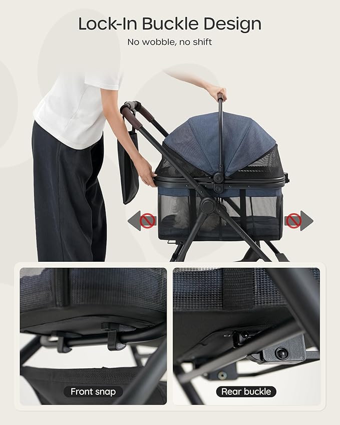 3 in 1 Pet Carrier Stroller with Detachable Carrier, Foldable Dog & Cat Stroller for Small/Medium Dogs up to 33 lbs, Large Storage Bag, Full Window Mesh, One-Touch Dual Brake, Car Seat