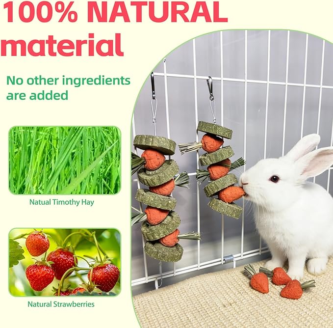 Bunny Chew Toys Guinea Pig Chew Toys for Teeth Grinding Rabbit Treats Natural Timothy Grass Cake Strawberries for Guinea Pigs Chinchillas Bunny Hamster (3 Pcs)