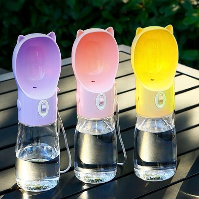 Dog Water Bottle Dispenser 380ml – Leak-Proof Lock, One-Hand Operation | Portable Pet Travel Water Bottle with Built-in Bowl | Yellow