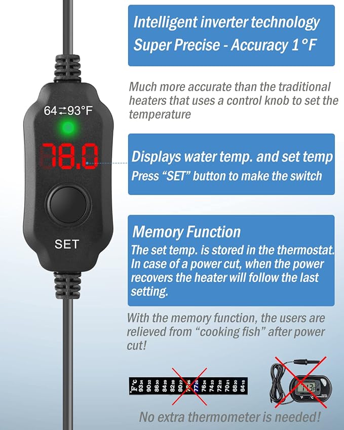 AquaMiracle Mini Aquarium Heater 20W Small Fish Tank Heater for 2-4 Gal Tanks, Digital Display Thermostat Betta Heater with Dry-Run & Overheat Protection, Memory Function