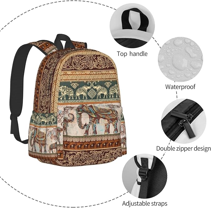 lotus elephants Backpack for Women 16.7 inch Travel Casual Laptop Backpack Lightweight Waterproof Durable Hiking Daypack
