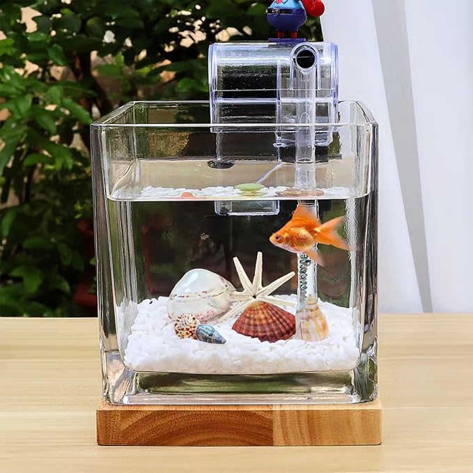 SARUFO 0.81Gallon Fish Tank Kit Desk Aquarium Set Small Glass for Kids Beginner Square Betta Fish Bowl with Wooden Base LED Light Water Pump Accessories Self-Cleaning Filter Copyright Patent
