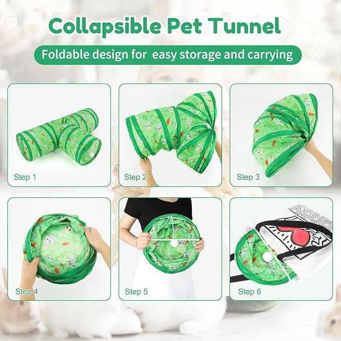 BWOGUE Bunny Tunnels & Tubes Collapsible 3 Way Bunny Hideout Small Animal Activity Tunnel Toys for Dwarf Rabbits Guinea Pigs Kitty