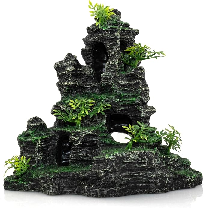Aquarium Mountain View Stone Ornament, Large Resin Hideout Cave for Betta & Shrimp, Fish Tank Decor Rock Cave with Fish Cave and Hideouts (11.02" x 6.69" x 9.84")