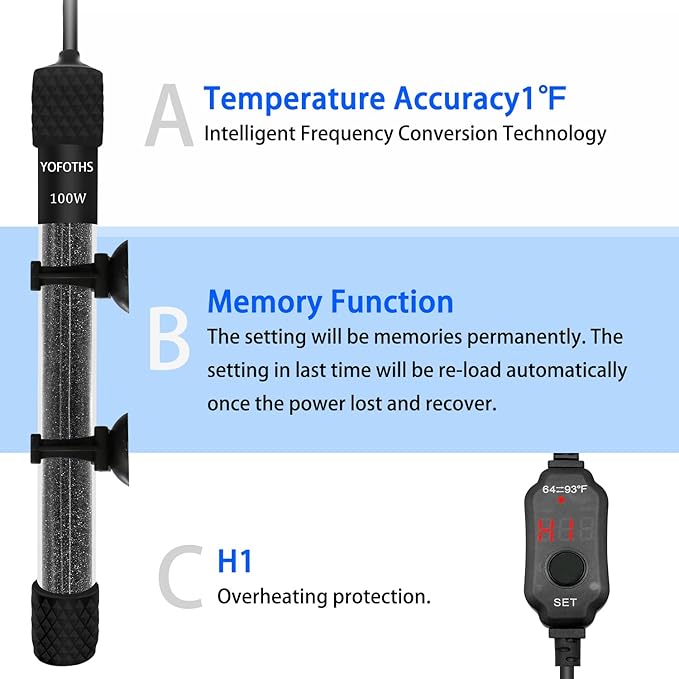 YOFOTHS Adjustable Mini Aquarium Heater 10-20 Gallons Submersible Small Fish Tank Heater 100W Digital Display Thermostat External Temperature Controller (100W)