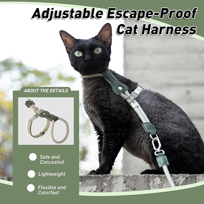 ETIAL Premium Adjustable Escape-Proof Cat Harness & Leash Set with Leather Sliding Back, 4.3ft Nylon Rope, Cross-Strap, Heavy-Duty Buckles for Secure Walking (Olive Green, Back Length 3.5”-4.7”)