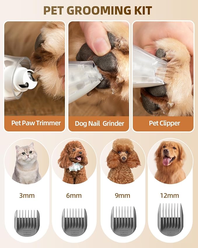 Dog Grooming Vacuum Kit for Shedding: Pet Hair Remover with Quiet Suction Cleaners and Large Capacity Dustbin for Long-Haired Dogs and Cats Home Brush and Groomer with 6 Attachments(Ivory)