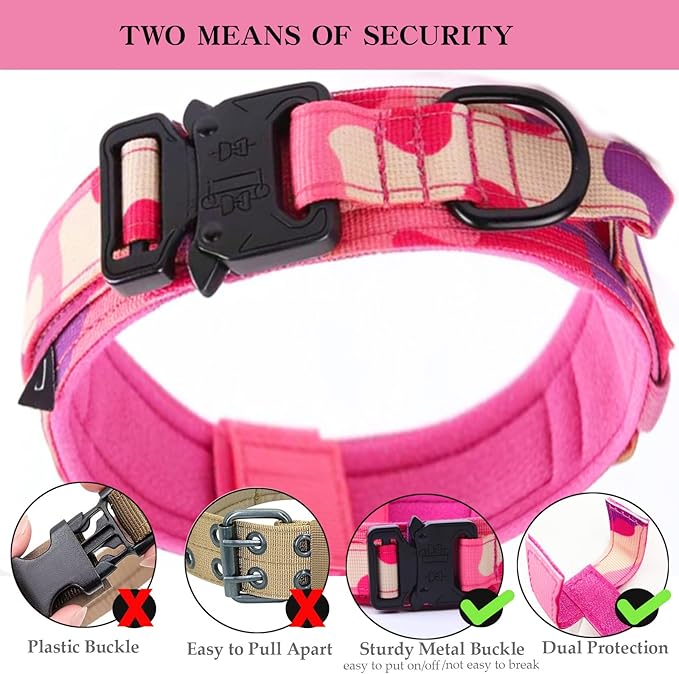 Xqpetlihai Tactical Dog Collar Adjustable Military Nylon Dog Collar with Control Handle and Heavy Duty Metal Buckle for Medium and Large Dogs (Pink Camo,XXL)