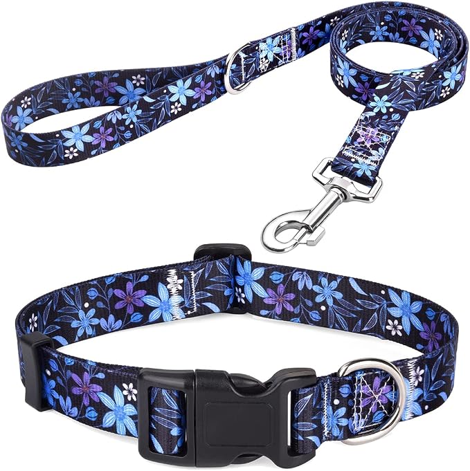 Mihqy Dog Collar and Leash Set with Bohemia Floral Tribal Geometric Patterns - Soft Ethnic Style Collar Adjustable for Small Medium Large Dogs(Blue Floral Set,L)