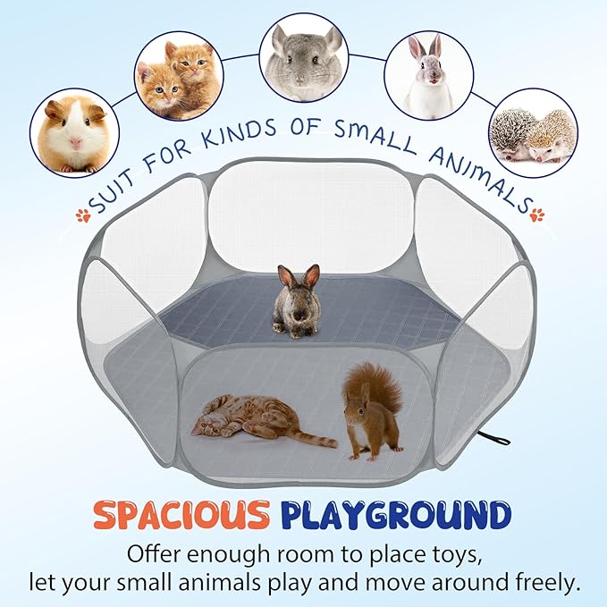 Pawaboo Small Animals Playpen with Pad, Waterproof Small Pet Cage Tent with Reusable Pad, Portable Outdoor Yard Fence for Chick/Kitten/Puppy/Guinea Pig/Rabbits/Chinchillas, Gray+Gray