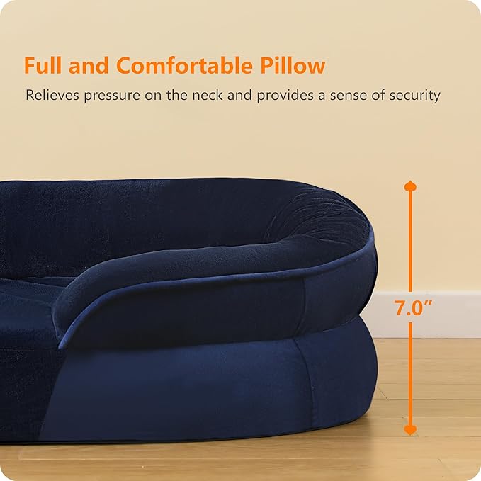 Dwanton Orthopedic Dog Bed for Extra Large Dogs with Gel Memory Foam, Waterproof Dog Sofa, Washable Pet Bed with Four Sided Bolster Cushion, Removable Cover & Non-Slip Bottom, 45", Navy Blue