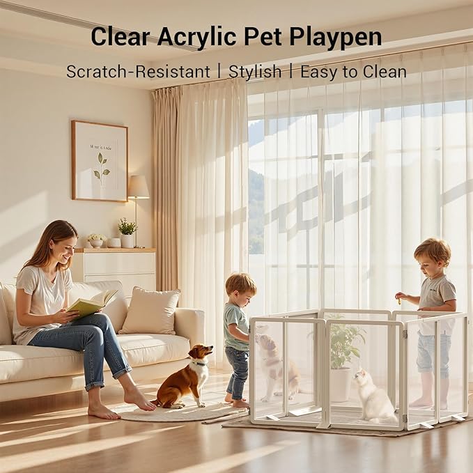Clear Acrylic Pet Playpen, 25.6" H Transparent Dog Fence with Support Feet, Sturdy & Stylish Indoor Enclosure for Puppy, Cat, Rabbit, Easy to Assemble & Clean