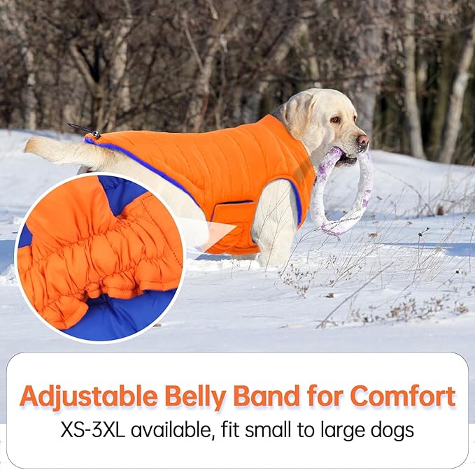 Lelepet Reversible Dog Coat Waterproof Dog Jacket Windproof Puffer Vest for Winter Warm Lightweight Coats for Large Dogs Adjustbale Hook & Loop Pet Apparel with Leash Hole, Pitbull, Orange, XL