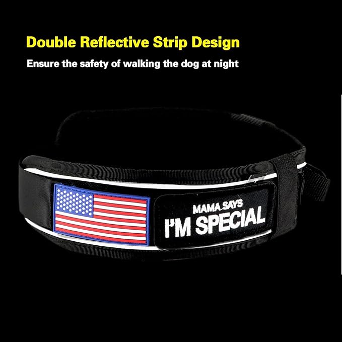 2.5" Tactical Dog Collar for Large Dogs, Adjustable Heavy Duty Military Nylon Dog Collar with Reflective Stitching & Padded Handle for Hiking/Running/Training (Black, L,XL)