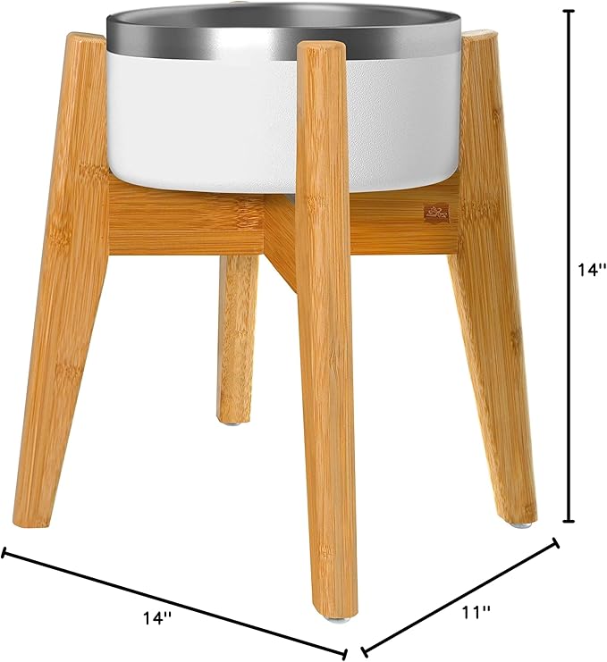 Dog Bowl Stand (14-inch High) - Ideal for Large Breeds, Use to Elevate, Raise Pet Dishes, Water Fountains and Slow Feeders - Adjustable Sideways, Bamboo - (Bowls not Included)
