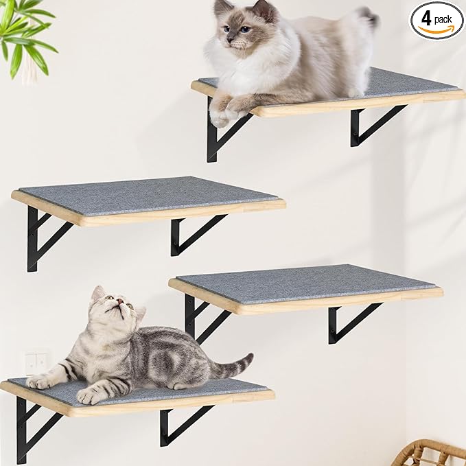 Burlywood Cat Shelves: Set of 4 Wood Cat Furniture Indoors - Climbing Shelf with Wall Mounted Scratching Pad & Hammock for Big Cats