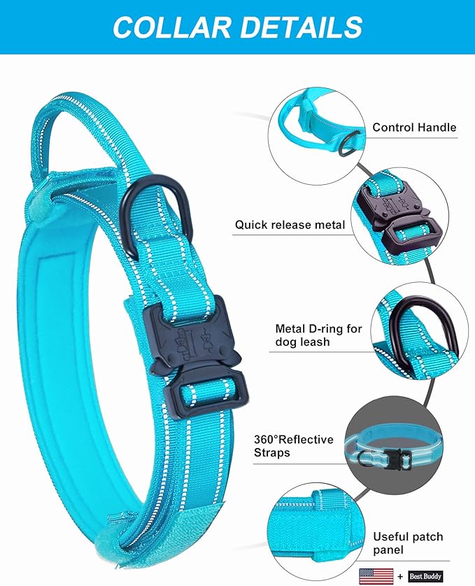 AUBELL Reflective Tactical Dog Collar,Adjustable Military Heavy Duty K9 Collars with Handle and Quick Release Metal Buckle Great for Medium Dogs, with Airtag Case and 2 Patches (Blue,M)
